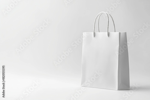 Blank paper shopping bag standing upright, clean white studio background, soft diffused lighting, modern retail branding mockup.