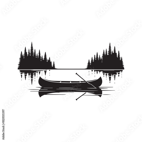 Silhouette vector illustration of a canoe boat floating on a calm lake with water reflection and pine tree forest islands in the background.
