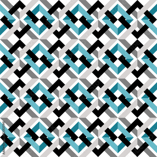 A seamless abstract geometric pattern of teal-green lines woven with black and grey, creating a light 3D effect. Set on a white background with repeating square-diamond forms