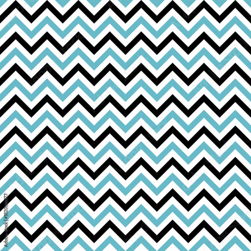 A seamless pattern featuring teal and black wavy, zigzag lines on white, ideal for fabric, skirts, dresses, rugs, tiles, or decorative paper.
