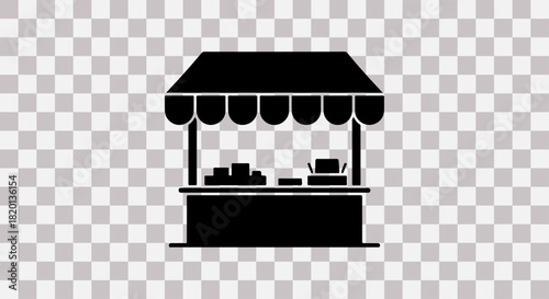 Black silhouette of a market stall or kiosk with awning and products