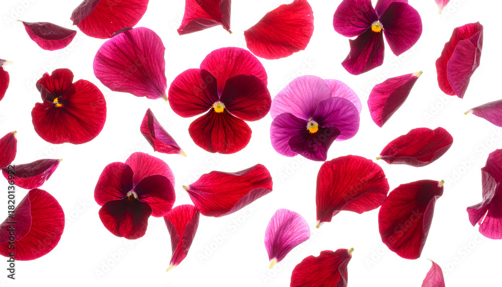 Fototapeta premium Floral Elegance Scattered Red and Purple Petals on White Background