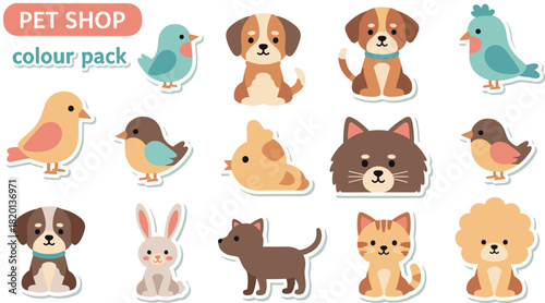 Cute pet shop color pack sticker set featuring dogs, cats, birds and rabbits for kids decoration and vector illustration collection isolated on white background