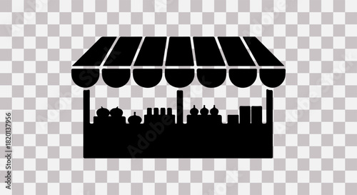 Black silhouette of a market stall with products on transparent background