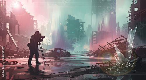 A lone photographer documents the surreal destruction of a flooded, post-apocalyptic city at dusk.