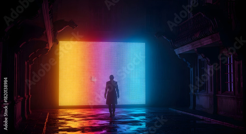 A lone figure walks towards a large, brightly lit, colorful screen in a dark, atmospheric setting.