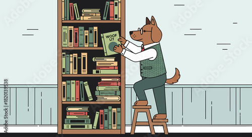 Doggy Professor Retrieves Book From Bookshelf Illustration