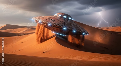 Fototapeta Naklejka Na Ścianę i Meble -  Mysterious unidentified flying object descends amid sandy dunes during desert storm