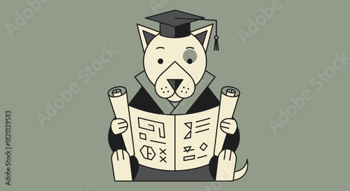 Educated Dog In Graduation Gown And Cap Reading A Document