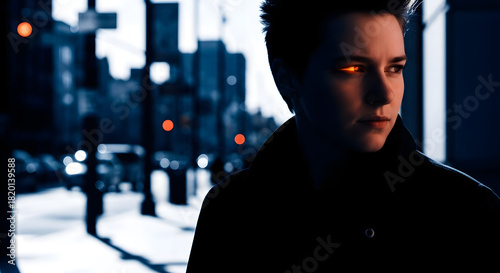 Cinematic portrait of a futuristic individual with glowing orange eyes in a moody, nocturnal urban landscape