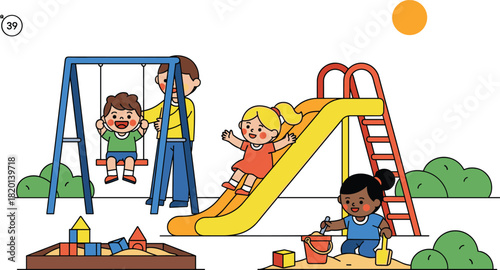 Happy kids playground scene featuring girl on slide boy on swing with father and child in sandbox for outdoor activity vector illustration flat design