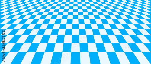 Blue checkerboard floor in perspective. Pool checkered tile pattern background. Retro horizontal chess board grid plane surface. Vintage empty bath room checker stage. Vector ballroom floor