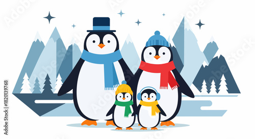Happy Penguin Family Winter Landscape Scene Creative Design
