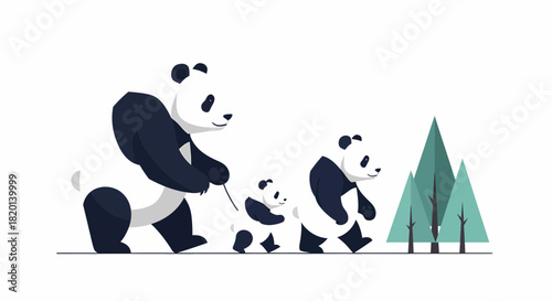 Panda Family Strolling Through The Woods In Flat Vector Style