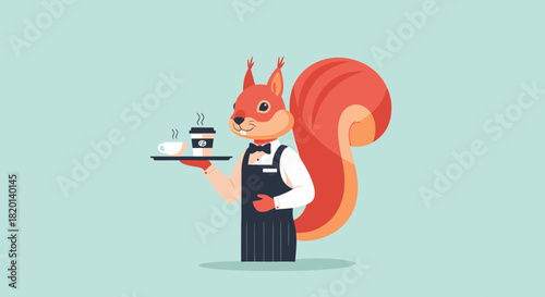 Squirrel Waiter Delivering Hot Coffee Or Tea Cartoon Character