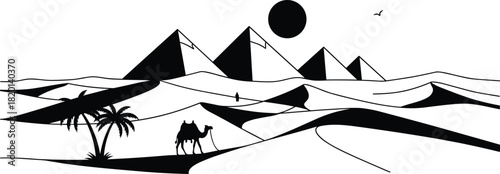Black and white desert landscape with pyramids camel and palm trees sand dunes