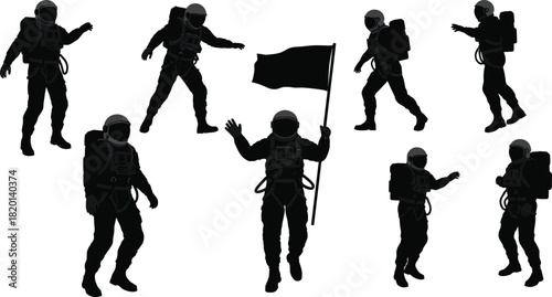 Astronaut silhouettes in various poses including holding a black flag space suit white background