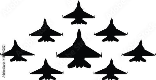 Black Silhouette Fighter Jets Arranged in Formation on White Background jet fighter aircraft
