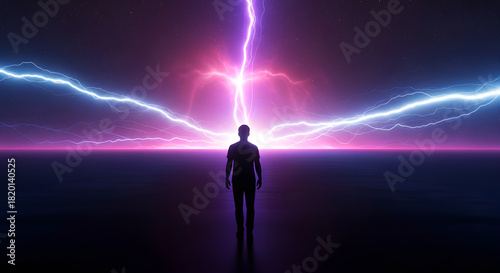 A lone human silhouette stands on a reflective plane under a dramatic sky of pink and blue lightning.