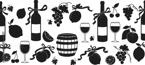 Black silhouette wine bottles grapes cherries lemons barrel and wine glasses on white cherry