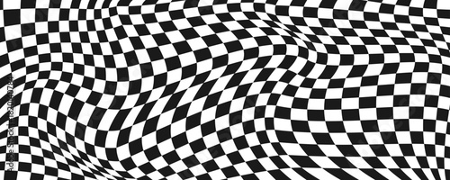 Black and white trippy checkerboard background. Retro psychedelic checkered wallpaper. Wavy groovy chessboard surface. Distorted geometric grid chess pattern. Vector abstract deform race flag backdrop