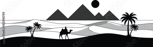 Camel caravan crossing desert dunes with pyramids and palm trees vector