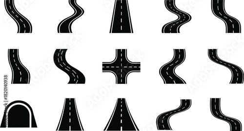 Collection of black road icons with white dashed lines and curves highway street
