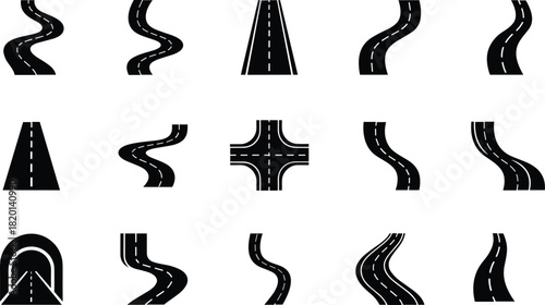 Collection of black road icons with white dashed lines on white background highway street