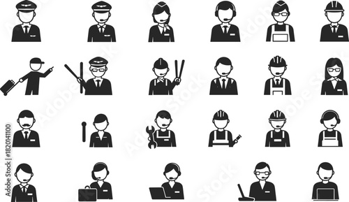 Collection of diverse professional and service worker icons in black and white pilot