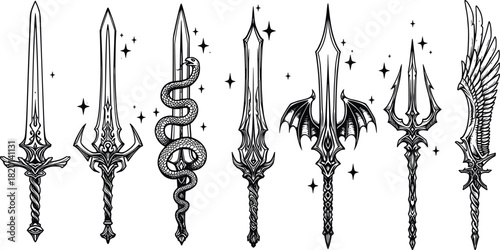 Collection of ornate fantasy swords and weapons with snake wings and trident black and white