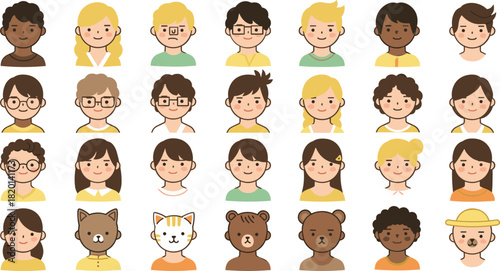 Diverse cartoon avatars of people and animals with simple clothing and expressions diversity