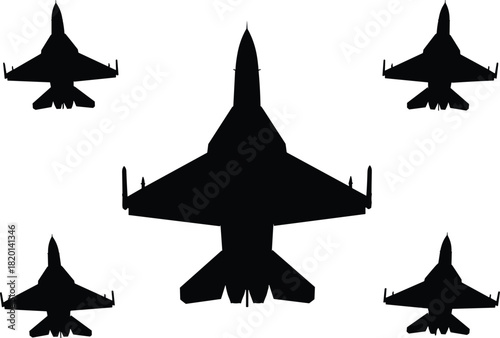 Five black silhouette fighter jets arranged in a formation jet fighter airplane