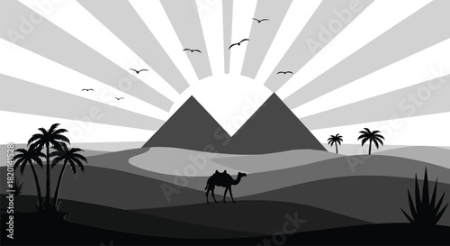 Silhouette of pyramids and camel in desert landscape with sunburst and birds egypt