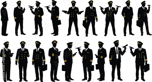 Silhouette Pilots In Uniform Holding Airplanes Briefcases And Tablets pilot silhouette pilot uniform