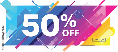 Modern colorful sale banner with fifty percent off discount text and shop now button on abstract geometric background for retail marketing vector illustration design
