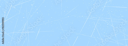 Scratched ice surface texture. Blue icy background with skate traces, cracks, scratches. Rough winter sport rink backdrop. Frozen lake or pond water wallpaper with dots, spot and lines. Vector