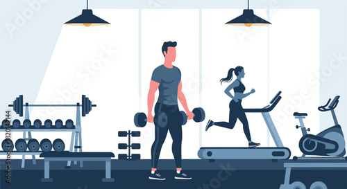 Modern gym interior featuring man lifting dumbbells and woman running on treadmill for fitness workout and healthy lifestyle concept vector illustration flat design background