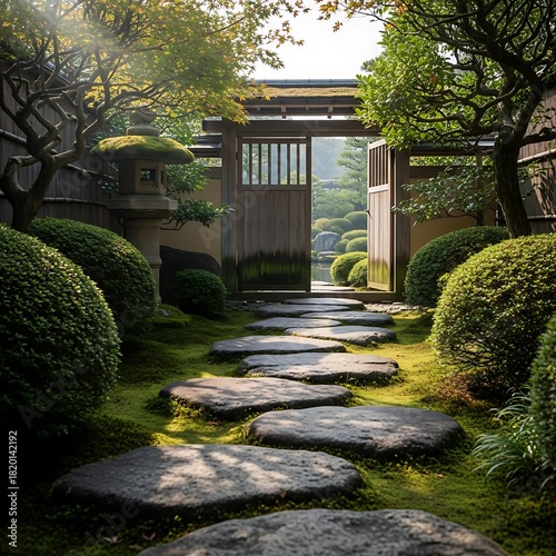Tranquil Japanese Garden Pathway with Stone Steps and Lush Greenery.