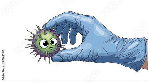 A protective gloved hand carefully holds a worried cartoon virus, illustrating scientific research into microscopic pathogens and global disease prevention efforts