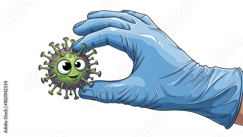 Illustration of a gloved hand holding a cartoon virus, symbolizing containment and control of infectious diseases