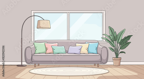 Modern living room interior with grey sofa colorful pillows floor lamp green plant and large window for home decoration vector illustration flat design background