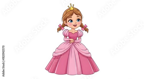 Cute Cartoon Princess Character in Pink Dress perfect for children's book illustration, party invitations, greeting cards, t-shirt design, educational
