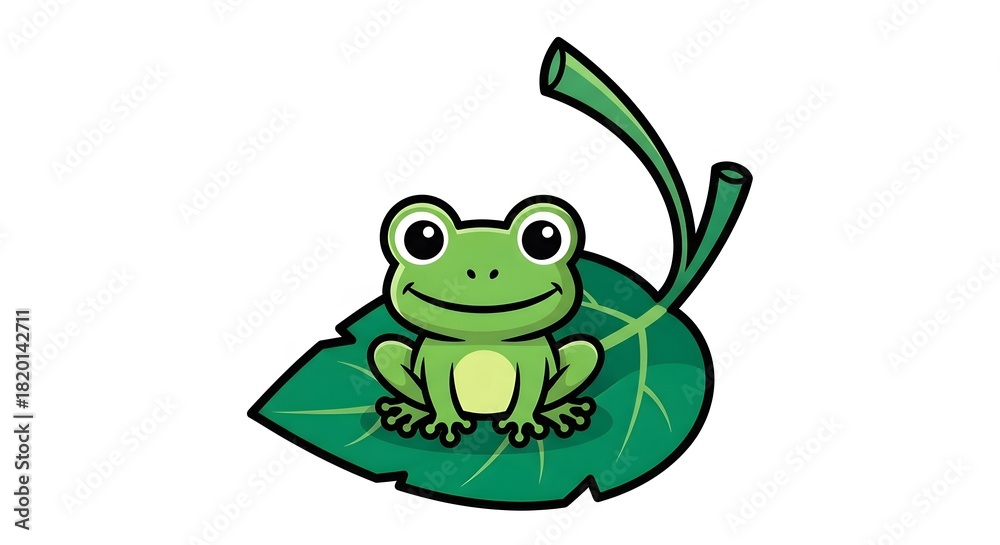 Obraz premium Cute Cartoon Green Frog Sitting on a Leaf Illustration perfect for children's book, website graphic, sticker, t-shirt design, educational material,