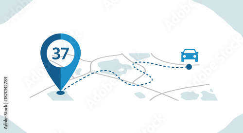 Navigation map concept featuring blue location pin number thirty seven and car icon on dashed route line for gps tracking service vector illustration design