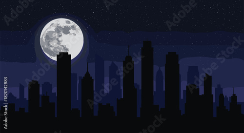 Night city skyline vector illustration featuring skyscraper silhouettes and large full moon in starry sky on dark blue background for urban landscape design art
