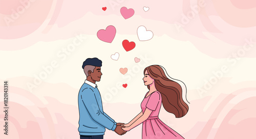 Romantic interracial couple holding hands and looking at each other with floating hearts on pink background for Valentine's Day love concept vector illustration design