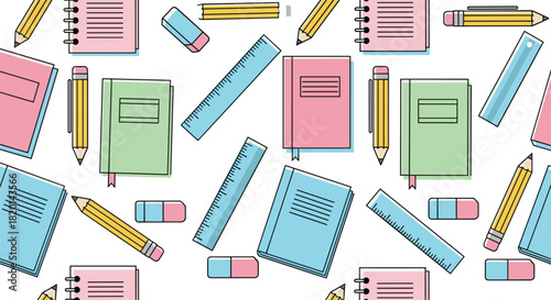 Seamless pattern of back to school supplies with pink notebooks, yellow pencils, blue rulers and erasers on white background for education and learning vector illustration.