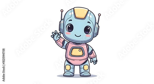 Cute Cartoon Robot Waving Hello Illustration perfect for website banner, app icon, children's book illustration, educational material, greeting card,