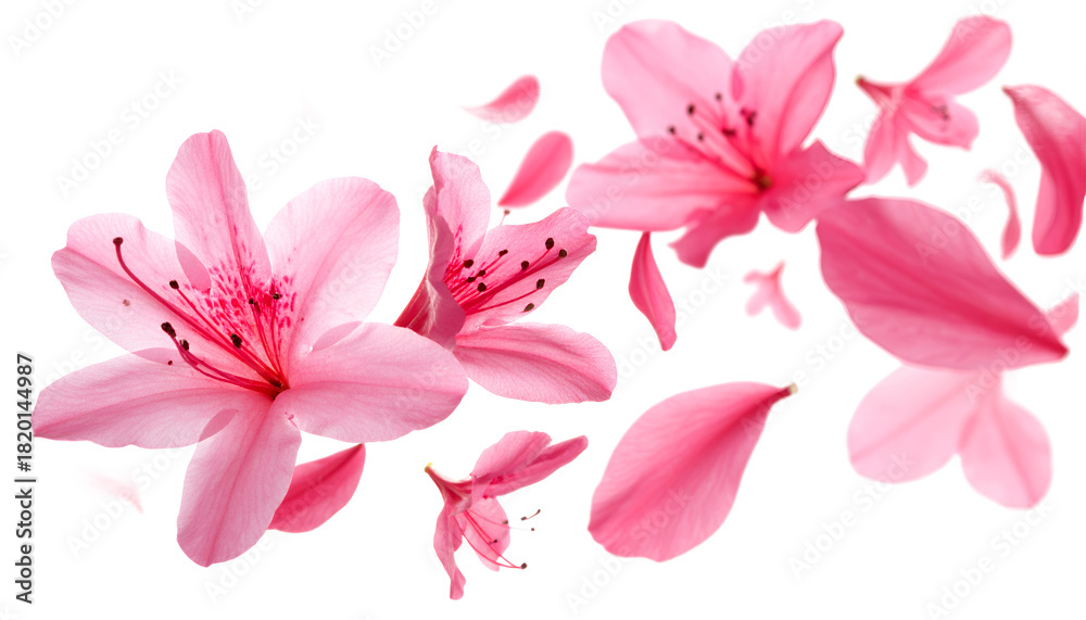 Obraz premium Delicate Pink Azalea Blossoms and Petals Floating Gently on White
