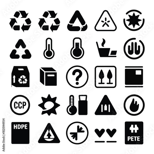Collection of packaging and recycling symbols, safety and warning icons, temperature icons